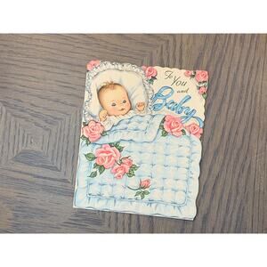 New Baby in a Crib with Blue Blanket and Pink Roses, Vintage Used Greeting Card,